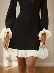 Black Ruffled Classic V Neck Long Sleeve A-Line Mini Dress
