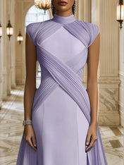 Formal Evening Dress Purple Stand Collar Pleated Train Maxi Gown