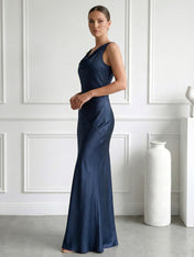 Navy Blue V Neck Mermaid Maxi Dress with Pleat