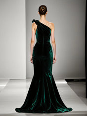 Mermaid Dark Green One Shoulder Velvet Evening Dress With Slit