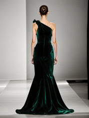 Mermaid Dark Green One Shoulder Velvet Evening Dress With Slit