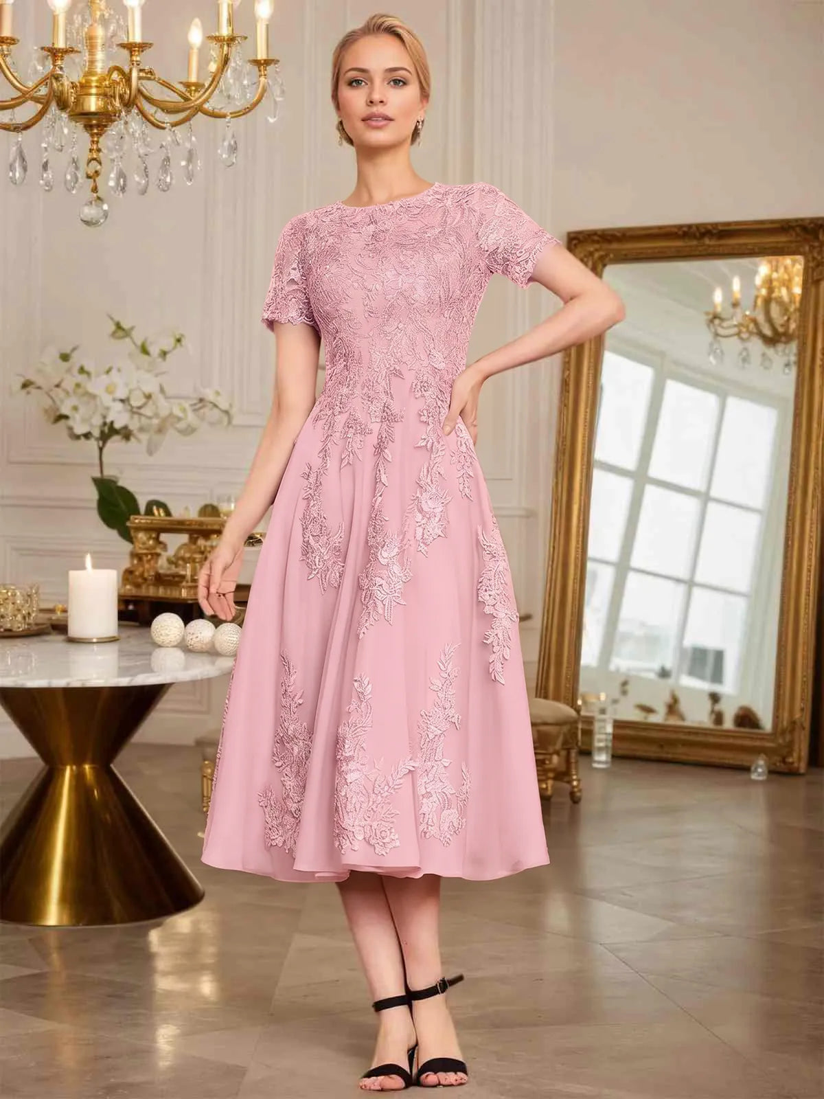 A Line Scoop Tea-Length Chiffon Mother of the Bride Dress With Appliques
