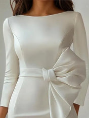 White Bow Boat Neck Three Quarter Sleeve Sheath Midi Dress
