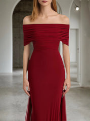 Evening Formal Dress Red Off-The-Shoulder Chiffon Maxi Gown