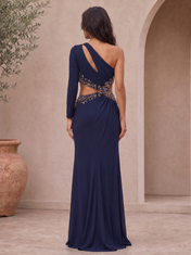 Navy Blue Beaded Cutout One-Shoulder Long Sleeve Floor-Length Evening Dress
