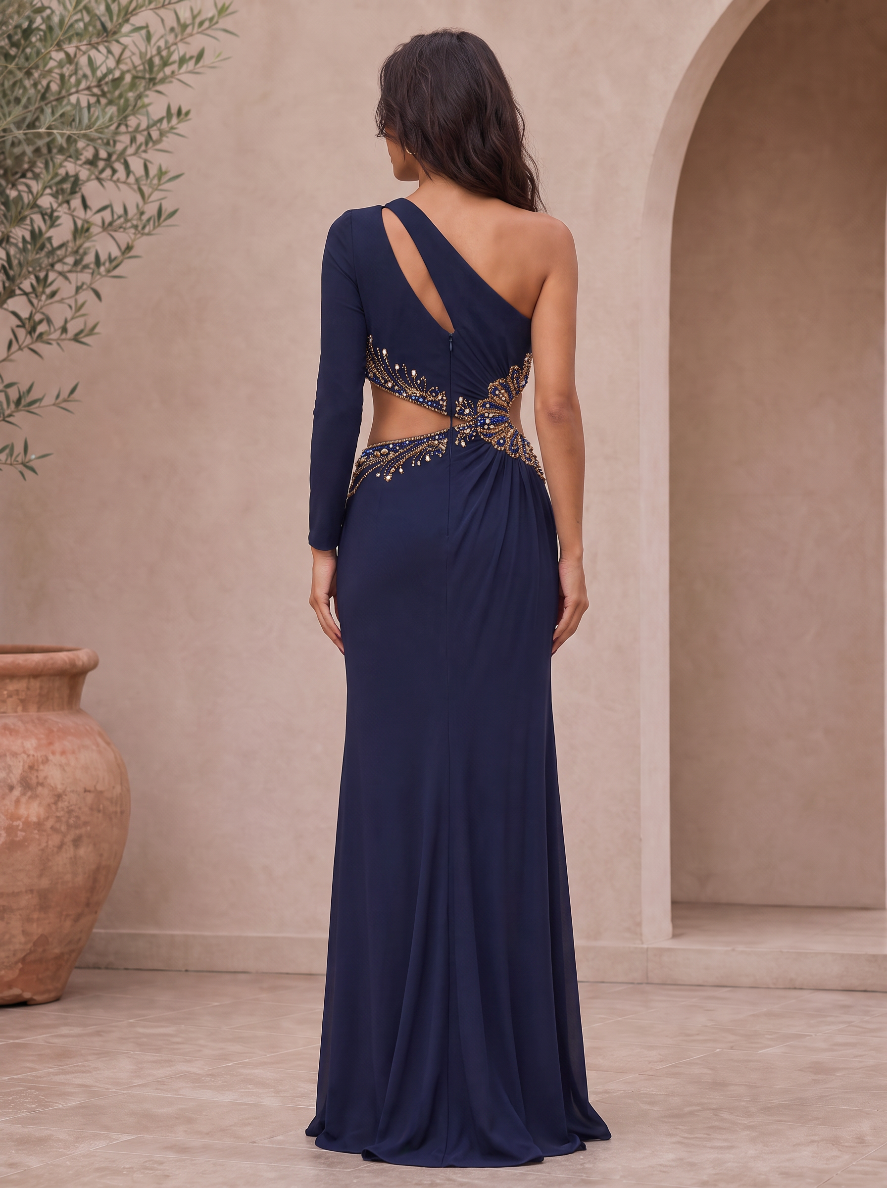 Navy Blue Beaded Cutout One-Shoulder Long Sleeve Floor-Length Evening Dress
