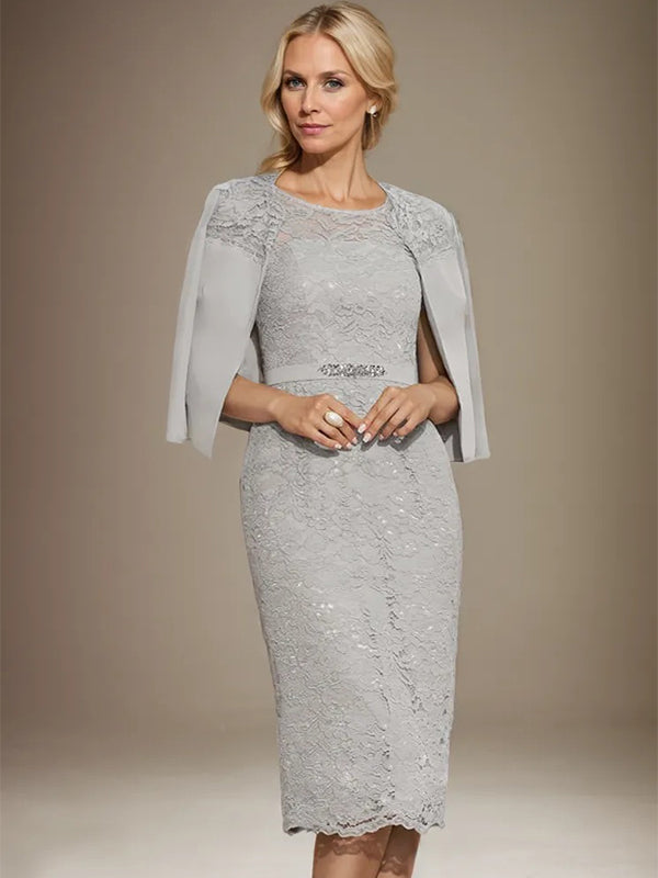 silver mother of the bride dresses knee length 2 Pieces Sheath/Column Scoop Chiffon Mother of the Bride Dresses with Jacket Lace Knee-Length 3/4 Sleeves Red