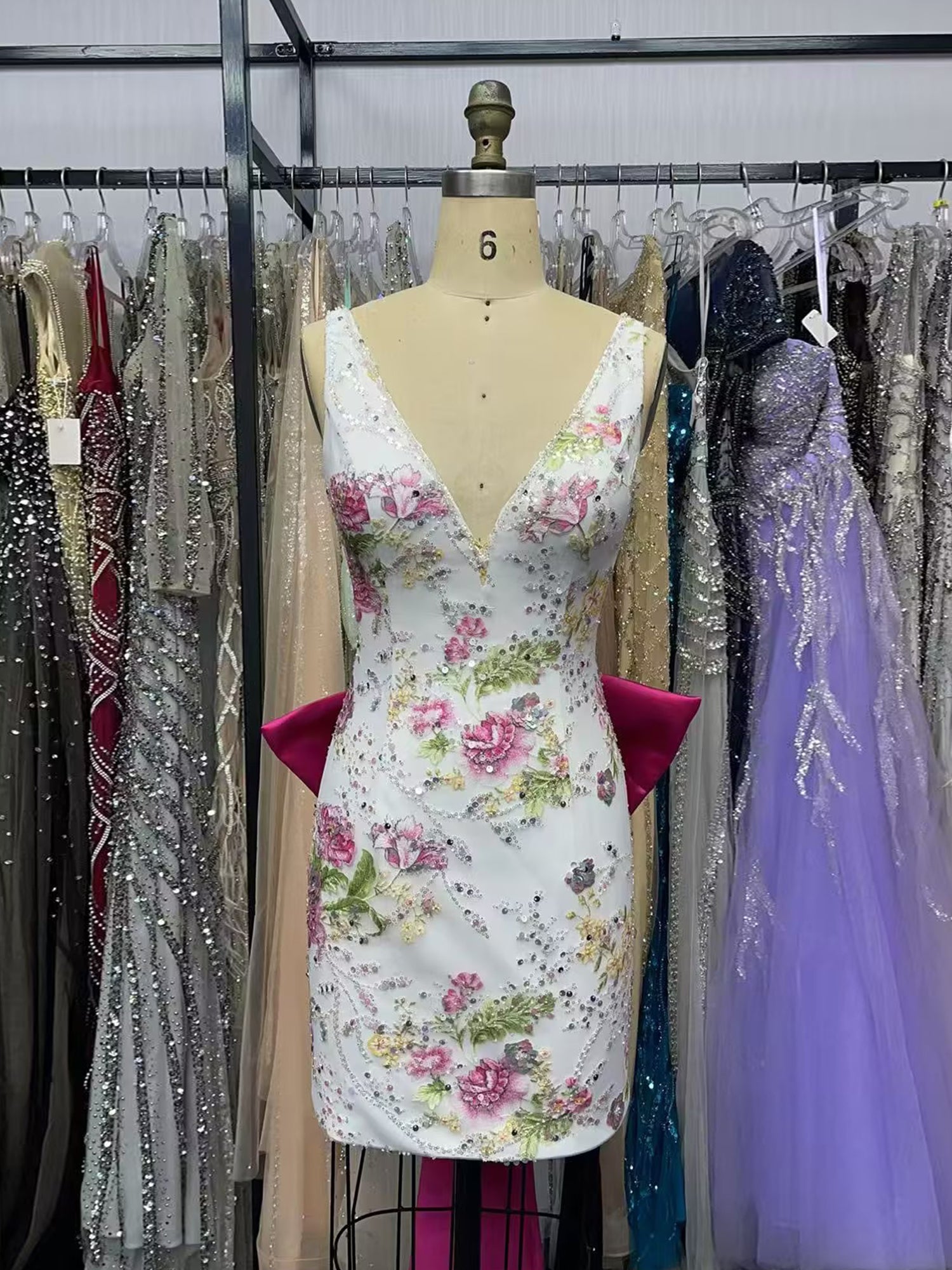 Lilac Floral Embroidered Deep V-Neck Homecoming Dress with Oversized Bow Train