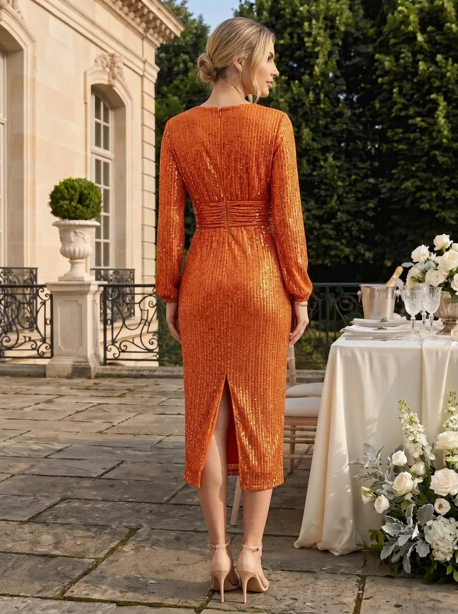 V-Neck Long Sleeve Sequin Sheath Midi Evening Dress with Ruched Waist