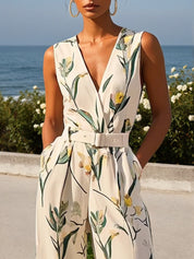 Women White Printing Deep V Neck Sleeveless Vacation Jumpsuit
