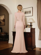 Elegant Blush Satin Sheath Mother of the Bride Dress with Long Sleeves