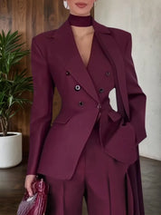 Women Wine Red Buckle Shoulder Pad Lapel Collar Long Sleeve Dressy Coat With Pants Two-Piece Set