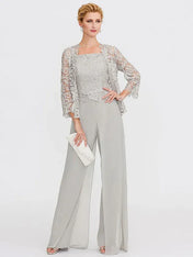 3 Piece Chiffon Square Neck Mother of the Bride Pantsuits with Jacket