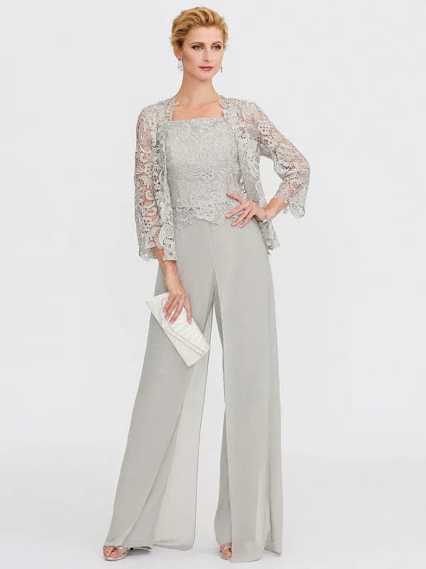 Ensemble 3 pièces en mousseline de soie avec col carré et veste pour mère de la mariée 