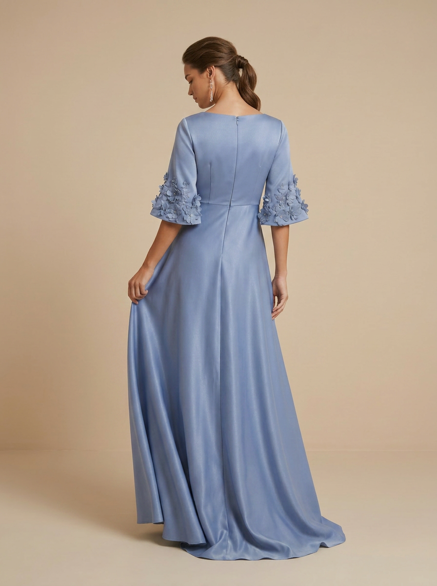 Solid Satin A-Line/Princess Bateau Neck Floor-Length Evening Dresses with 3D Floral Bell Sleeves