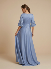 Solid Satin A-Line/Princess Bateau Neck Floor-Length Evening Dresses with 3D Floral Bell Sleeves