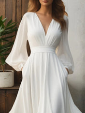 Formal Swing Evening Dress White V Neck Maxi Dress