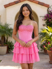 Pink Lace Strapless Corset Mini Dress Tiered Chiffon Skirt Lace Up Back Homecoming Dresses