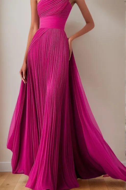 Prom Formal Pleated Dress Rose Color One-Shoulder Maxi Dress