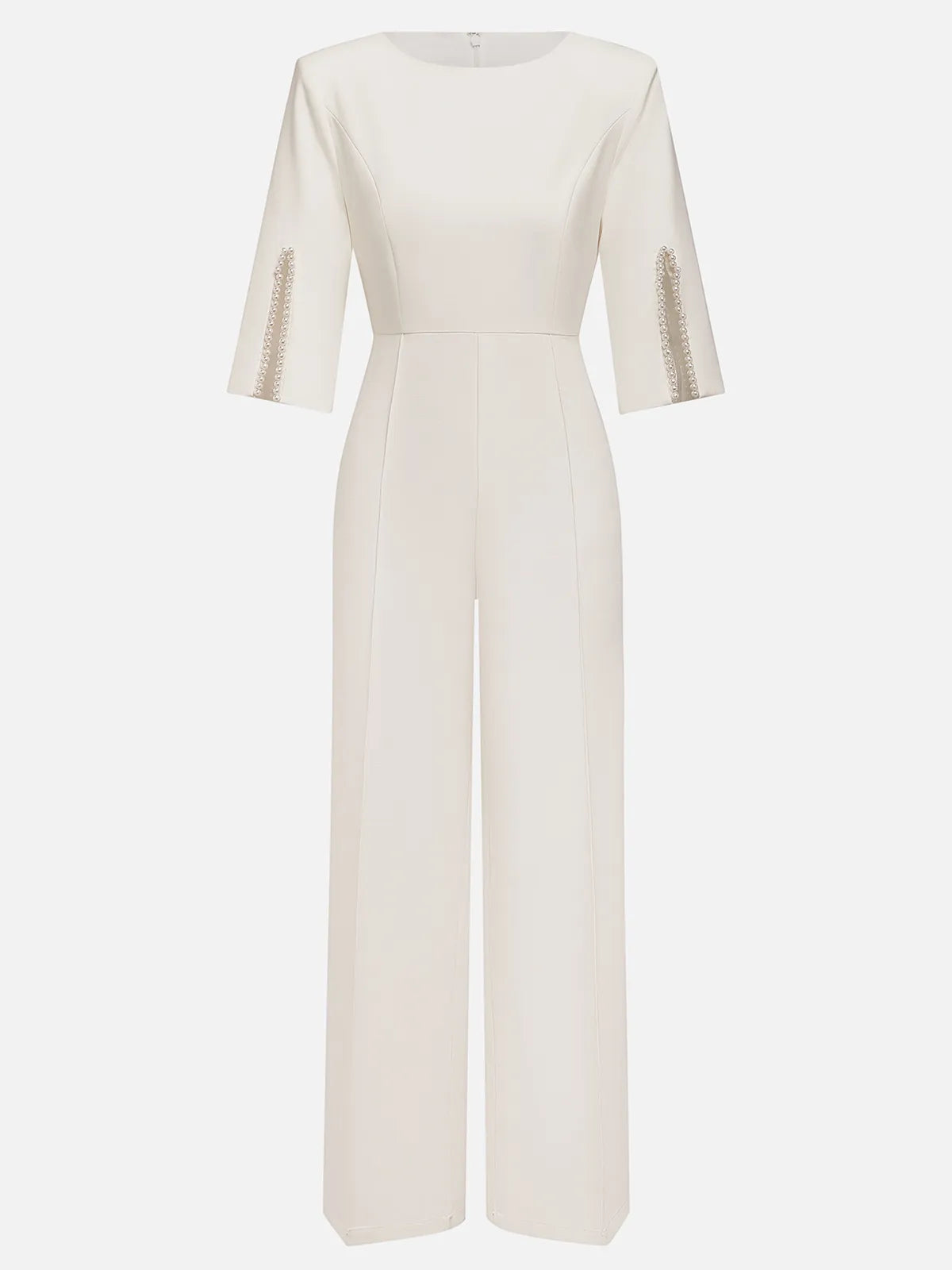 Women White Imitation Pearls Slit Boat Neck Half Sleeve Dressy Jumpsuit
