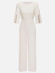 Women White Imitation Pearls Slit Boat Neck Half Sleeve Dressy Jumpsuit