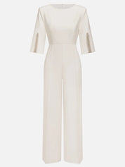 Women White Imitation Pearls Slit Boat Neck Half Sleeve Dressy Jumpsuit