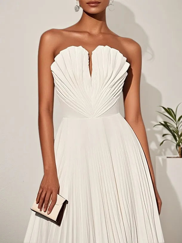 Dreamylily Women White Pleated Classic Strapless Sleeveless A-Line Midi