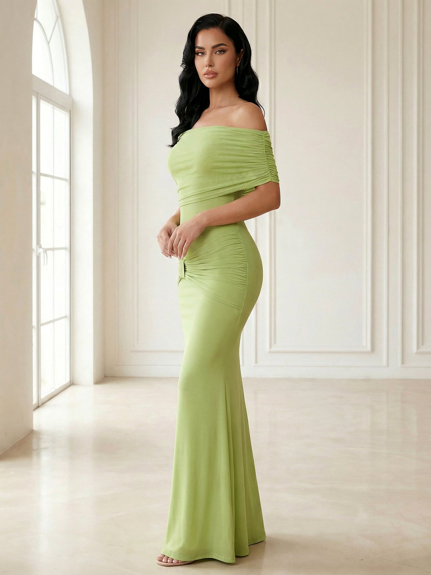 Green Off the Shoulder Maxi Dresses with Pleat Mermaid Evening Dress