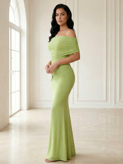 Green Off the Shoulder Maxi Dresses with Pleat Mermaid Evening Dress