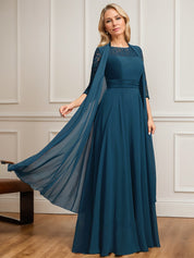 A-line Scoop Illusion Floor-Length Lace Chiffon Mother of the Bride Dress With Pleated