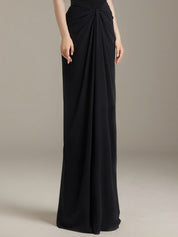 Black Stretch Crepe Square Neck Floor Length Dress with Bow Sleeves