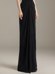 Black Stretch Crepe Square Neck Floor Length Dress with Bow Sleeves