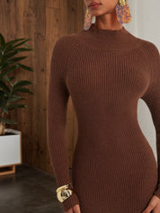 Wool Brown Long Sleeve A-Line Maxi Sweater Dress