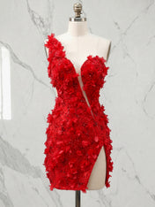 One-Shoulder Sheer Lace Applique Mini Homecoming Dress with Side Slit