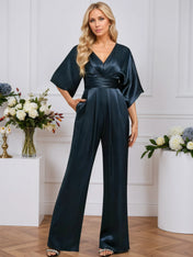 Jumpsuits V-Neck Floor-Length Stretch Satin Evening Dress With Pleated
