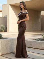 Brown Off the Shoulder Maxi Dresses with Sequins Mermaid Evening Dress