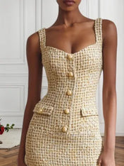 Golden Buckle Pocket Stitching Tweed Spaghetti Sleeveless Sheath Midi Dress