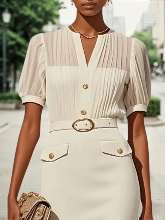 Apricot Pleated Classic Notched Neckline Short Sleeve Sheath Top With Skirt Two-Piece Set