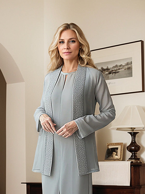 Grey Tea Length Chiffon Mother of the Bride Dress with Sequin Jacket