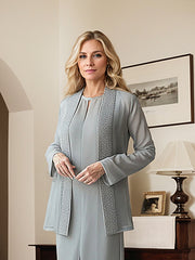 Grey Tea Length Chiffon Mother of the Bride Dress with Sequin Jacket