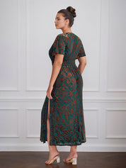 Vintage Plain V-Neck Short Sleeves Velvet Tea-Length Mother of the Bride Dress With Slit