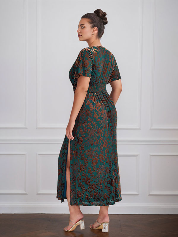 Vintage Plain V-Neck Short Sleeves Velvet Tea-Length Mother of the Bride Dress With Slit