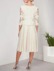 A-line Scoop Tea-Length Lace Chiffon Mother of the Bride Dress With Embroidery