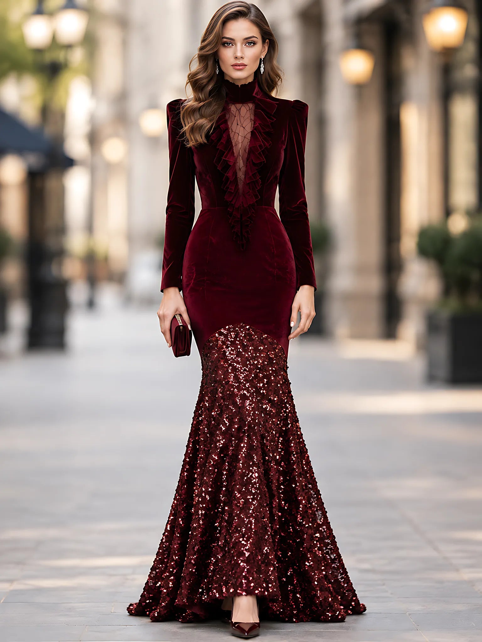 High-Neck Velvet and Sequin Mermaid Evening Dress
