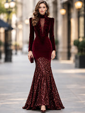 High-Neck Velvet and Sequin Mermaid Evening Dress
