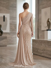 Elegant Rose Gold One-Shoulder Sequin Sheath Evening Dress with Chiffon Draping and Floor-Length Train
