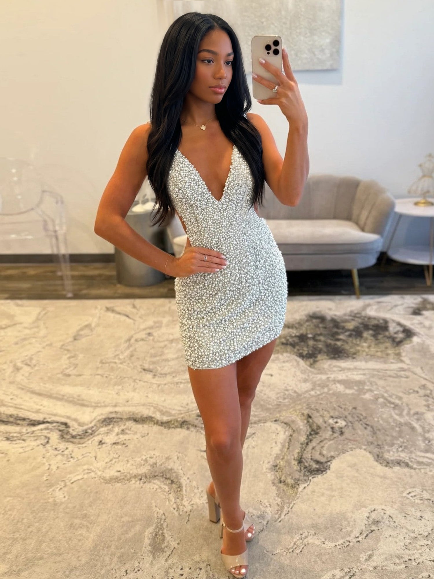 White V Neck Pearl Embellished Short Homecoming Dresses