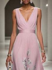Pink Floral Chiffon V Neck Sleeveless A-Line Maxi Dress