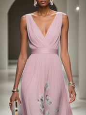 Pink Floral Chiffon V Neck Sleeveless A-Line Maxi Dress
