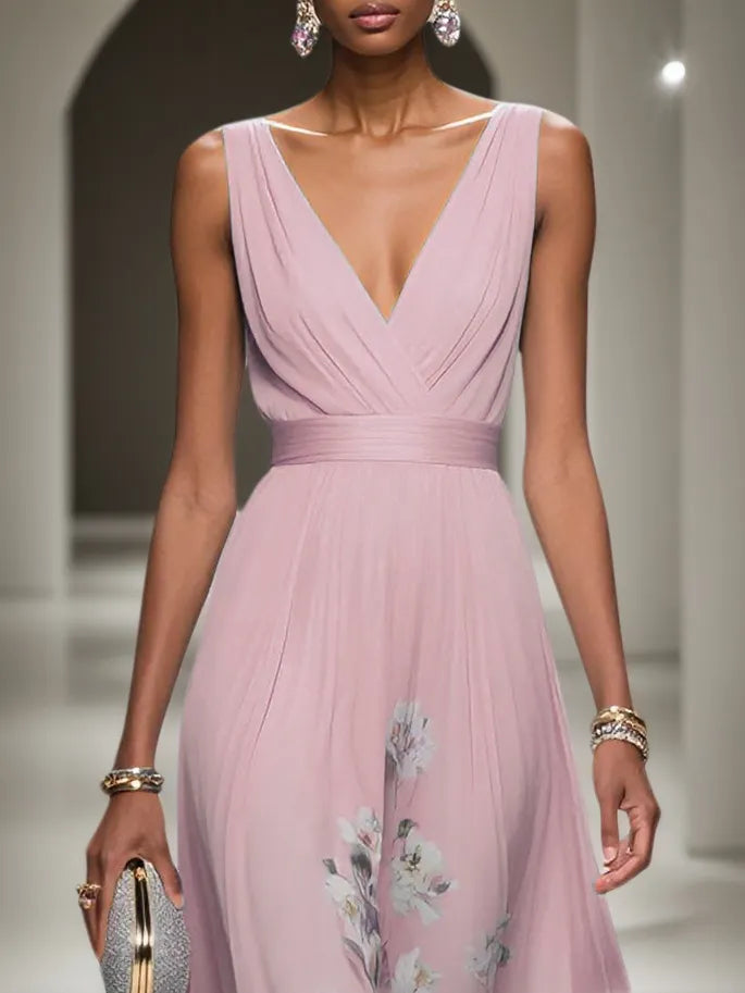 Pink Floral Chiffon V Neck Sleeveless A-Line Maxi Dress